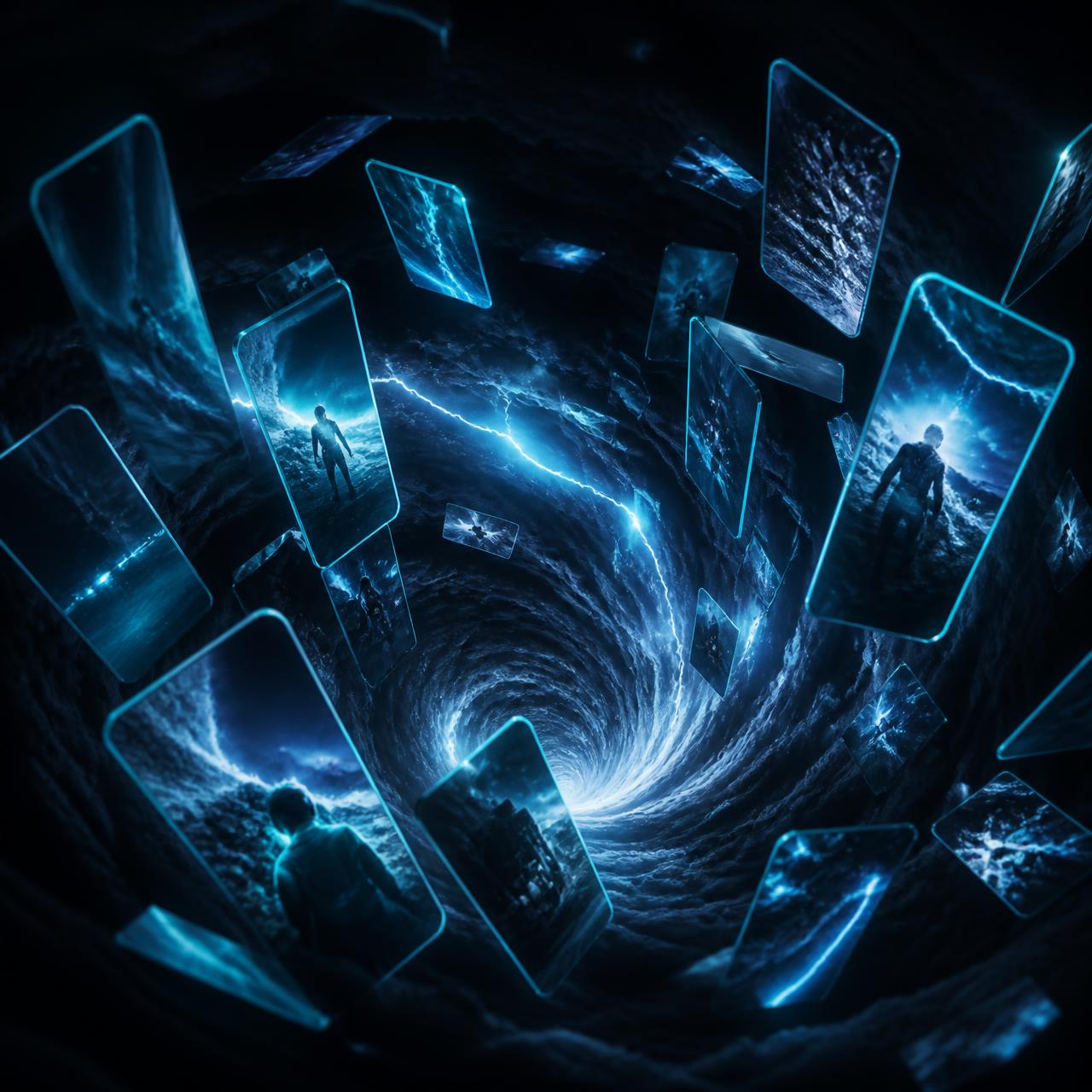 Vertical short-form video clips swirling in a storm of electric blue light
